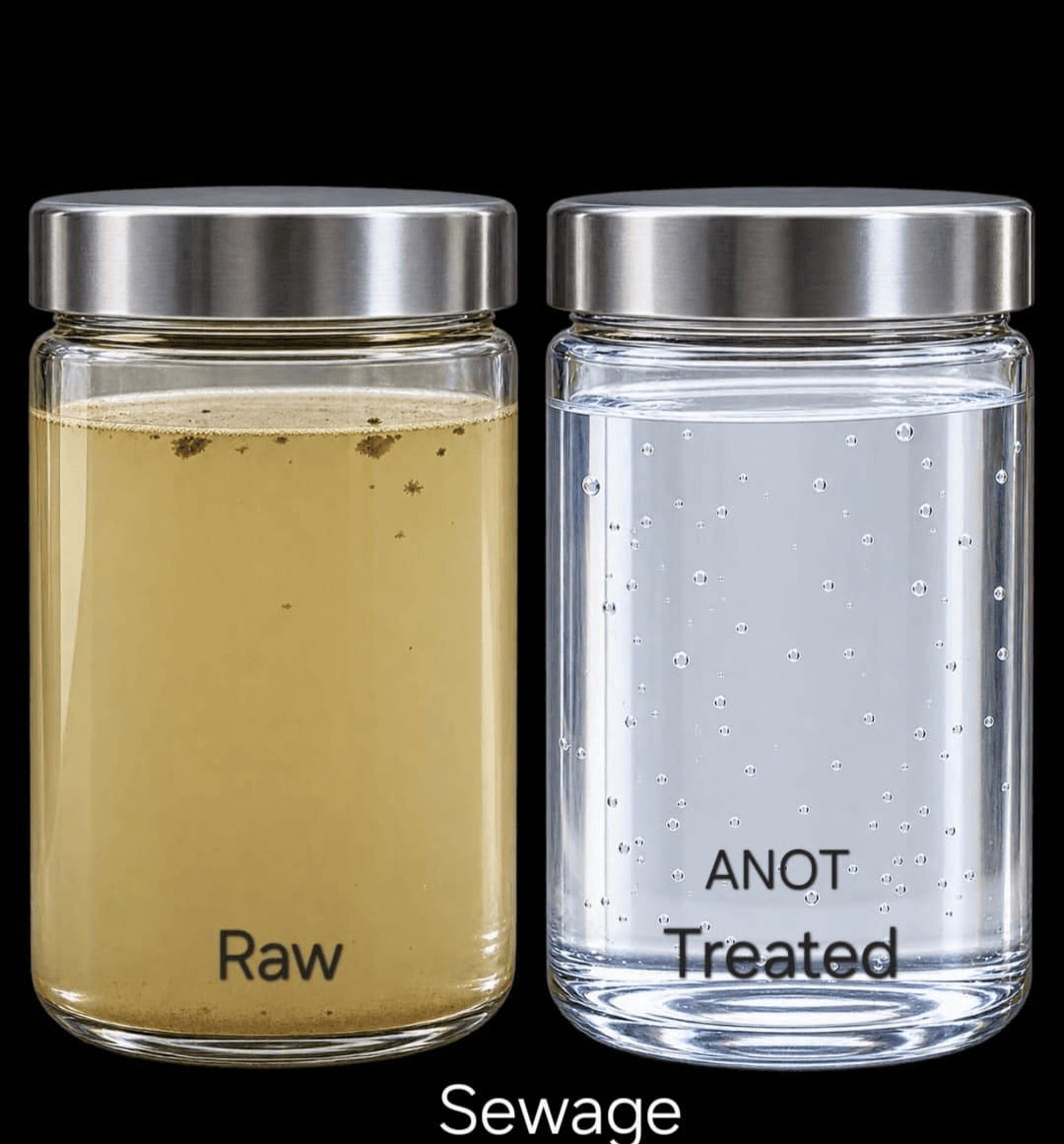 Raw and treated effluent samples side by side against a dark ground